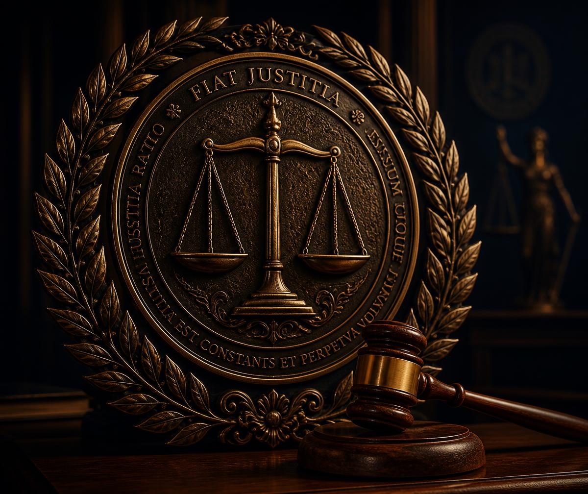 Bronze tribunal medallion with scales of justice beside a wooden gavel